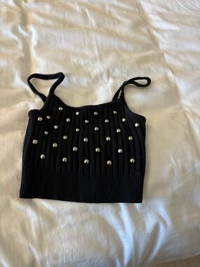 NBD Black Ribbed Pearl-Stud Crop Tank